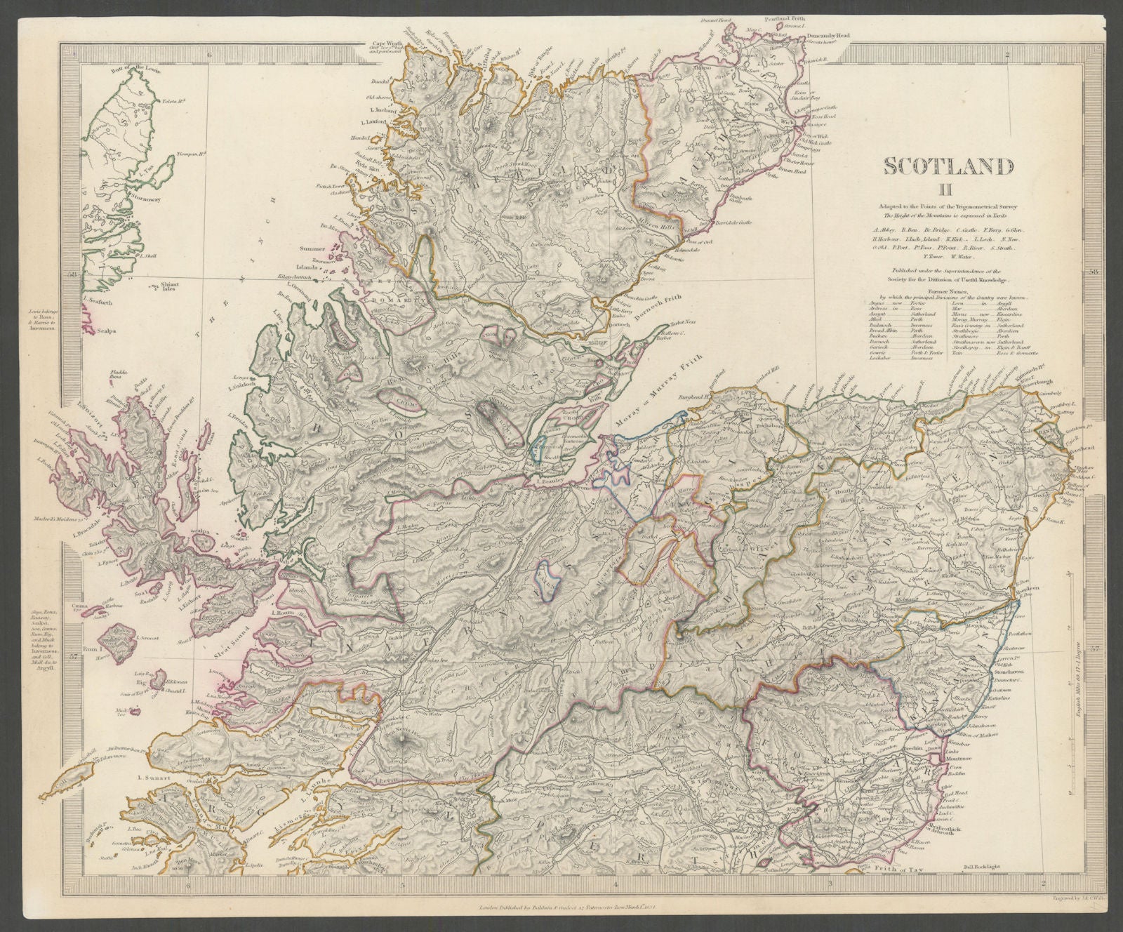 SCOTLAND NORTH. Shows castles & kirks. Inset former county names.SDUK 1844 map